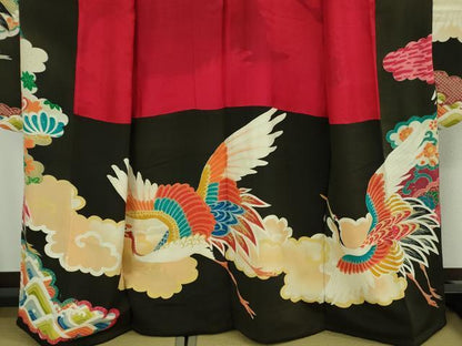 平和屋本店●極上　アンティーク　大正ロマン　振袖　駒刺繍　飛鶴文　黒地　金彩　逸品　DZAB3024kh6