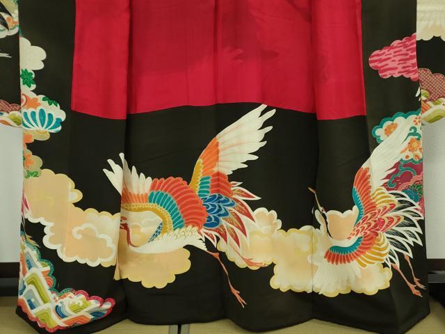 平和屋本店●極上　アンティーク　大正ロマン　振袖　駒刺繍　飛鶴文　黒地　金彩　逸品　DZAB3024kh6