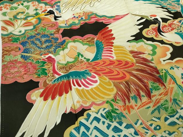 平和屋本店●極上　アンティーク　大正ロマン　振袖　駒刺繍　飛鶴文　黒地　金彩　逸品　DZAB3024kh6