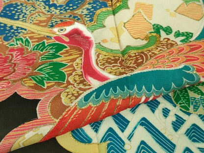 平和屋本店●極上　アンティーク　大正ロマン　振袖　駒刺繍　飛鶴文　黒地　金彩　逸品　DZAB3024kh6