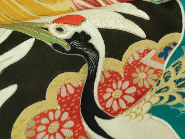 平和屋本店●極上　アンティーク　大正ロマン　振袖　駒刺繍　飛鶴文　黒地　金彩　逸品　DZAB3024kh6