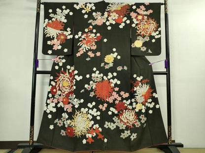 平和屋本店●極上　アンティーク　大正ロマン　訪問着　中国三大刺繍　相良刺繍　乱菊　黒地　金彩　逸品　DZAB3025kh6
