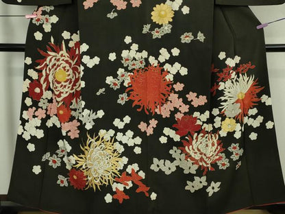 平和屋本店●極上　アンティーク　大正ロマン　訪問着　中国三大刺繍　相良刺繍　乱菊　黒地　金彩　逸品　DZAB3025kh6