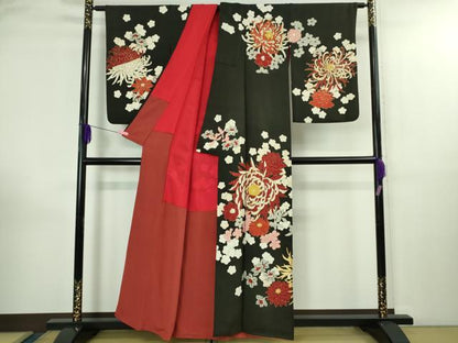 平和屋本店●極上　アンティーク　大正ロマン　訪問着　中国三大刺繍　相良刺繍　乱菊　黒地　金彩　逸品　DZAB3025kh6