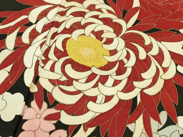 平和屋本店●極上　アンティーク　大正ロマン　訪問着　中国三大刺繍　相良刺繍　乱菊　黒地　金彩　逸品　DZAB3025kh6