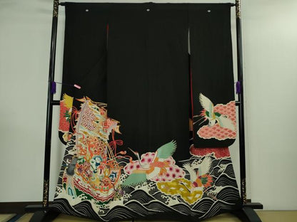 平和屋本店●極上　アンティーク　大正ロマン　振袖　駒刺繍　宝船　立波飛鶴文　黒地　金彩　逸品　DZAB3027kh6