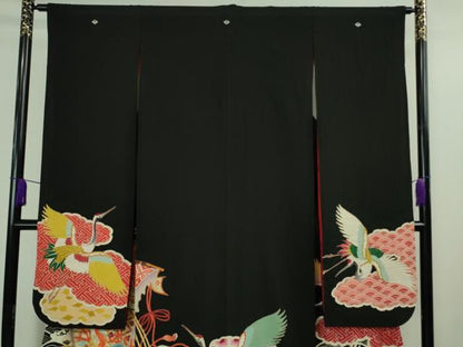 平和屋本店●極上　アンティーク　大正ロマン　振袖　駒刺繍　宝船　立波飛鶴文　黒地　金彩　逸品　DZAB3027kh6