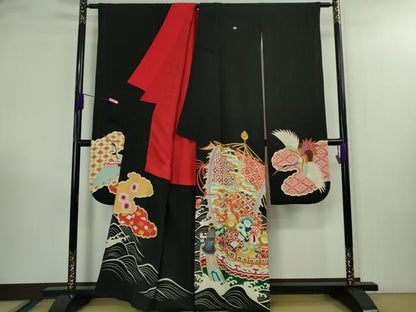 平和屋本店●極上　アンティーク　大正ロマン　振袖　駒刺繍　宝船　立波飛鶴文　黒地　金彩　逸品　DZAB3027kh6