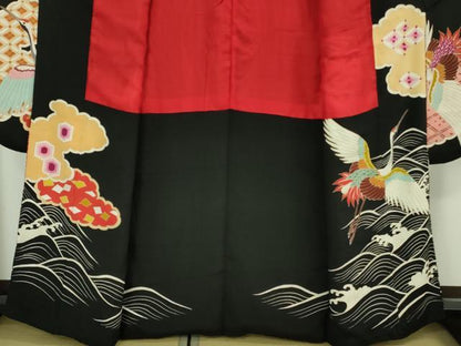 平和屋本店●極上　アンティーク　大正ロマン　振袖　駒刺繍　宝船　立波飛鶴文　黒地　金彩　逸品　DZAB3027kh6