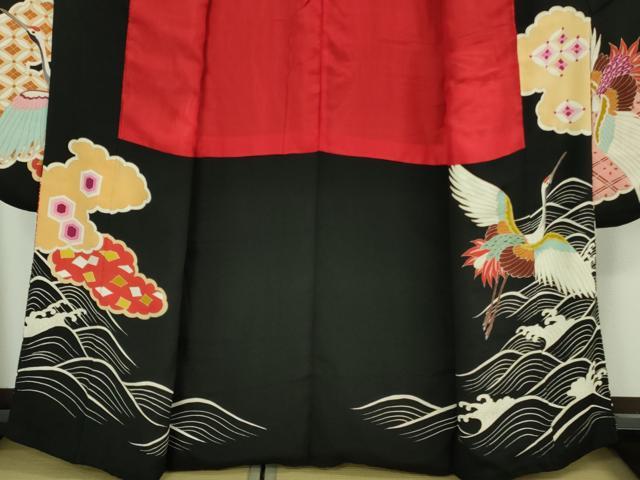 平和屋本店●極上　アンティーク　大正ロマン　振袖　駒刺繍　宝船　立波飛鶴文　黒地　金彩　逸品　DZAB3027kh6