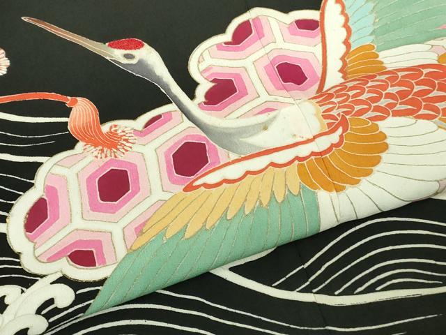 平和屋本店●極上　アンティーク　大正ロマン　振袖　駒刺繍　宝船　立波飛鶴文　黒地　金彩　逸品　DZAB3027kh6