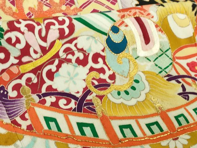 平和屋本店●極上　アンティーク　大正ロマン　振袖　駒刺繍　宝船　立波飛鶴文　黒地　金彩　逸品　DZAB3027kh6