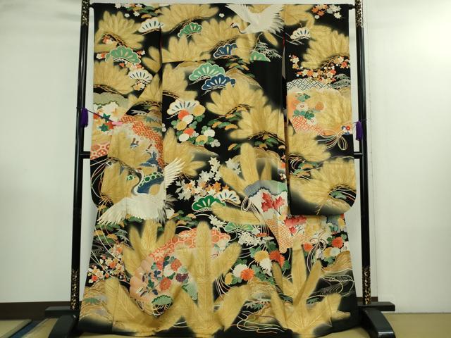 平和屋本店●極上　アンティーク　大正ロマン　振袖　駒刺繍　飛鶴松文　黒地　金彩　逸品　DZAB3028kh6