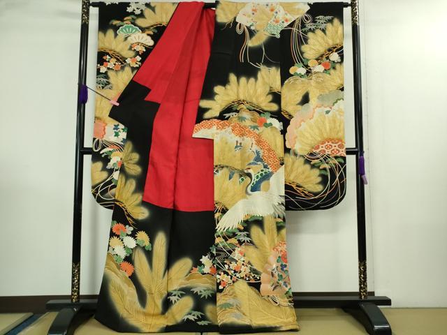平和屋本店●極上　アンティーク　大正ロマン　振袖　駒刺繍　飛鶴松文　黒地　金彩　逸品　DZAB3028kh6