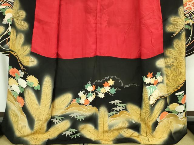 平和屋本店●極上　アンティーク　大正ロマン　振袖　駒刺繍　飛鶴松文　黒地　金彩　逸品　DZAB3028kh6