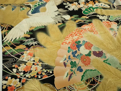 平和屋本店●極上　アンティーク　大正ロマン　振袖　駒刺繍　飛鶴松文　黒地　金彩　逸品　DZAB3028kh6