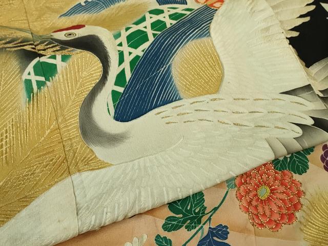 平和屋本店●極上　アンティーク　大正ロマン　振袖　駒刺繍　飛鶴松文　黒地　金彩　逸品　DZAB3028kh6