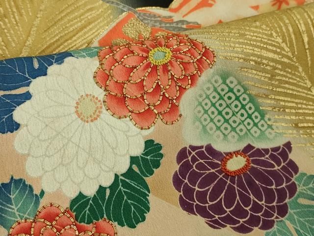 平和屋本店●極上　アンティーク　大正ロマン　振袖　駒刺繍　飛鶴松文　黒地　金彩　逸品　DZAB3028kh6