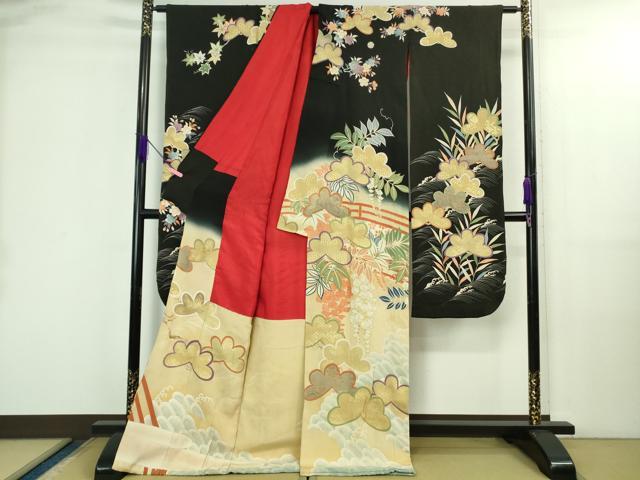 平和屋着物●極上　アンティーク　大正ロマン　振袖　駒刺繍　渡橋花松文　暈し染め　黒地　金彩　逸品　DZAB3030kh6