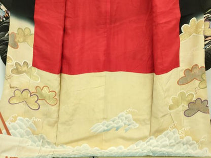 平和屋着物●極上　アンティーク　大正ロマン　振袖　駒刺繍　渡橋花松文　暈し染め　黒地　金彩　逸品　DZAB3030kh6