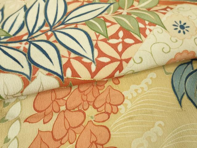 平和屋着物●極上　アンティーク　大正ロマン　振袖　駒刺繍　渡橋花松文　暈し染め　黒地　金彩　逸品　DZAB3030kh6