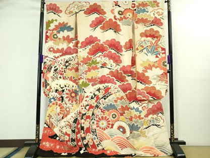 平和屋本店●極上　アンティーク　大正ロマン　振袖　駒刺繍　立波花松文　金彩　逸品　DZAB3031kh6
