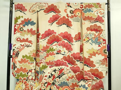平和屋本店●極上　アンティーク　大正ロマン　振袖　駒刺繍　立波花松文　金彩　逸品　DZAB3031kh6