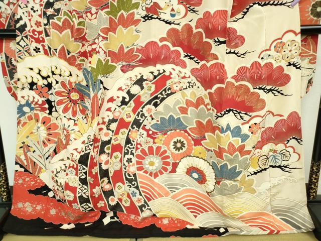 平和屋本店●極上　アンティーク　大正ロマン　振袖　駒刺繍　立波花松文　金彩　逸品　DZAB3031kh6