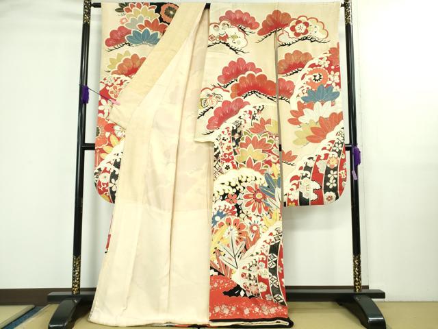 平和屋本店●極上　アンティーク　大正ロマン　振袖　駒刺繍　立波花松文　金彩　逸品　DZAB3031kh6