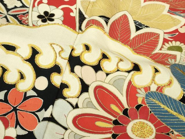 平和屋本店●極上　アンティーク　大正ロマン　振袖　駒刺繍　立波花松文　金彩　逸品　DZAB3031kh6