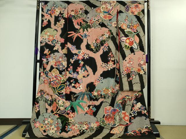平和屋本店●極上　アンティーク　大正ロマン　お引きずり・お引き摺り　引き振袖　駒刺繍　鳳凰吉祥花文　黒地　金彩　逸品　DZAB3032kh6