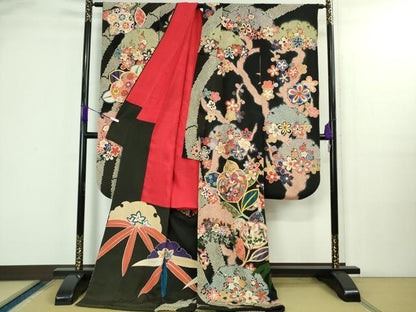 平和屋本店●極上　アンティーク　大正ロマン　お引きずり・お引き摺り　引き振袖　駒刺繍　鳳凰吉祥花文　黒地　金彩　逸品　DZAB3032kh6
