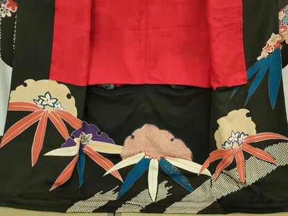 平和屋本店●極上　アンティーク　大正ロマン　お引きずり・お引き摺り　引き振袖　駒刺繍　鳳凰吉祥花文　黒地　金彩　逸品　DZAB3032kh6