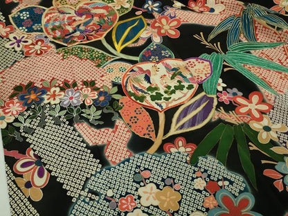 平和屋本店●極上　アンティーク　大正ロマン　お引きずり・お引き摺り　引き振袖　駒刺繍　鳳凰吉祥花文　黒地　金彩　逸品　DZAB3032kh6