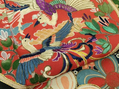 平和屋本店●極上　アンティーク　大正ロマン　お引きずり・お引き摺り　引き振袖　駒刺繍　鳳凰吉祥花文　黒地　金彩　逸品　DZAB3032kh6