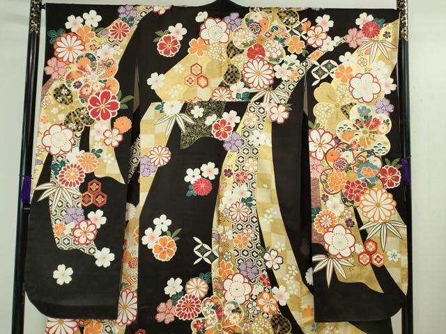 平和屋本店●極上 振袖・長襦袢(無双仕立て・半衿刺繍)セット　駒刺繍　鬘帯花文　黒紅色地　金彩　京都きもの友禅扱い　逸品　DZAB3034kh6