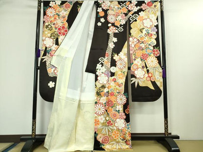 平和屋本店●極上 振袖・長襦袢(無双仕立て・半衿刺繍)セット　駒刺繍　鬘帯花文　黒紅色地　金彩　京都きもの友禅扱い　逸品　DZAB3034kh6