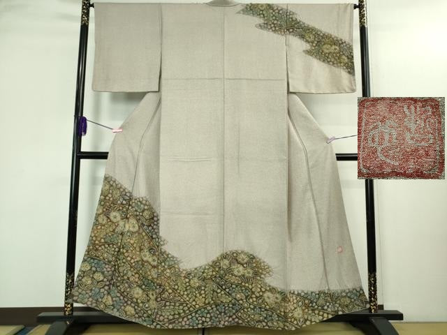 平和屋着物●極上　樋熊哲也　訪問着　辻が花　絞り　手描き　訪問着　薄柿色地　暈し染め　金通し地　逸品　未使用　DZAB3036kh6