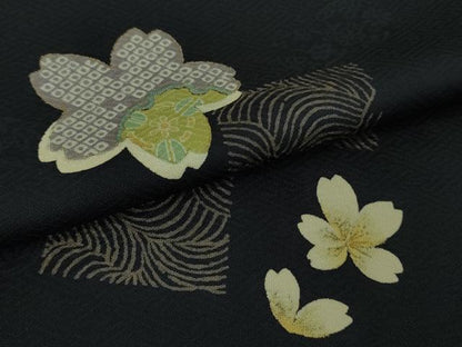 平和屋着物■極上　道行コート　ロング丈　舞桜　濃紺地　金彩　反端付き　逸品　DZAB3053kh6
