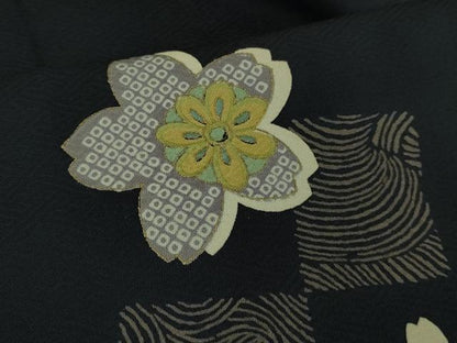 平和屋着物■極上　道行コート　ロング丈　舞桜　濃紺地　金彩　反端付き　逸品　DZAB3053kh6
