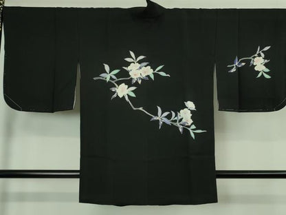 平和屋着物＃極上　道中着　ロング丈　友禅　枝花文　黒地　逸品　未使用　DZAB3060kh6