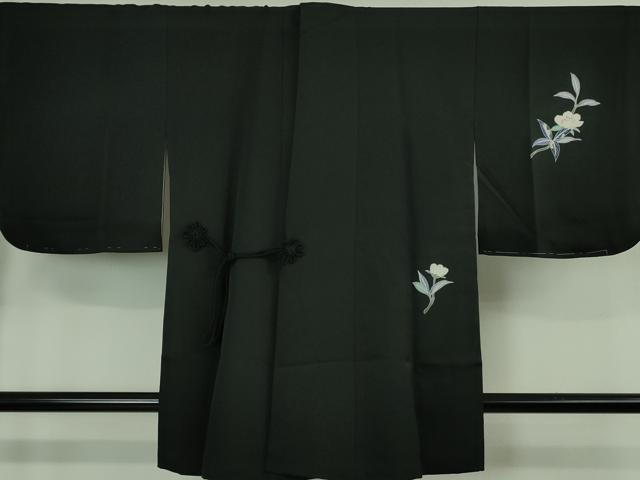 平和屋着物＃極上　道中着　ロング丈　友禅　枝花文　黒地　逸品　未使用　DZAB3060kh6
