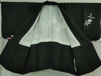 平和屋着物＃極上　道中着　ロング丈　友禅　枝花文　黒地　逸品　未使用　DZAB3060kh6