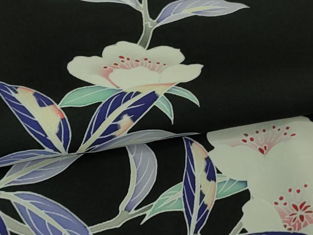 平和屋着物＃極上　道中着　ロング丈　友禅　枝花文　黒地　逸品　未使用　DZAB3060kh6
