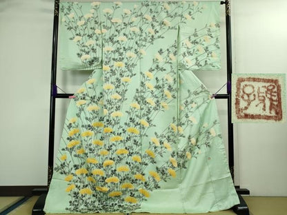 平和屋本店●極上　京友禅作家　山田雅子　訪問着　菊　白緑色地　仮絵羽　逸品　DZAB3066kh6