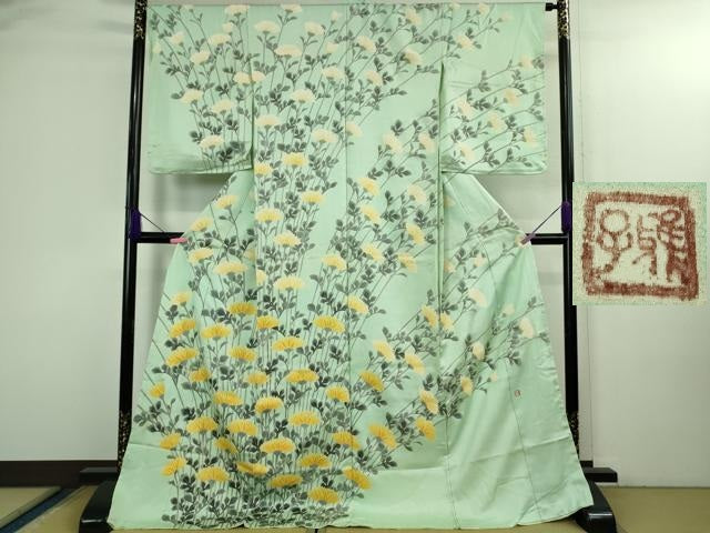 平和屋本店●極上　京友禅作家　山田雅子　訪問着　菊　白緑色地　仮絵羽　逸品　DZAB3066kh6