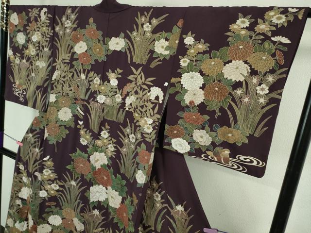 平和屋本店●極上　中国三大刺繍　スワトウ刺繍　汕頭刺繍　訪問着　鴛鴦花文　紫紺色地　金糸　逸品　DZAB3071kh6