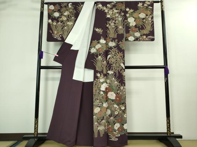 平和屋本店●極上　中国三大刺繍　スワトウ刺繍　汕頭刺繍　訪問着　鴛鴦花文　紫紺色地　金糸　逸品　DZAB3071kh6