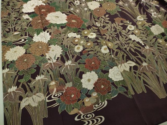 平和屋本店●極上　中国三大刺繍　スワトウ刺繍　汕頭刺繍　訪問着　鴛鴦花文　紫紺色地　金糸　逸品　DZAB3071kh6