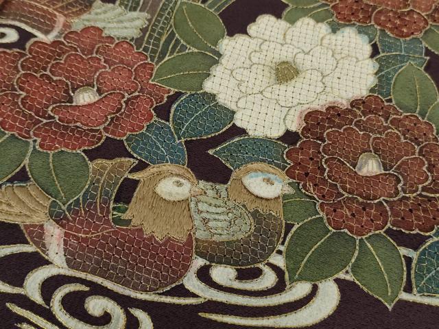 平和屋本店●極上　中国三大刺繍　スワトウ刺繍　汕頭刺繍　訪問着　鴛鴦花文　紫紺色地　金糸　逸品　DZAB3071kh6